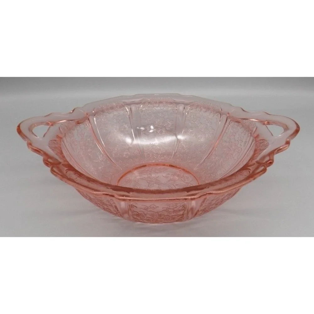 Jeannette Pink Cherry Blossom Depression Glass Handled Bowl Floral Patterns 1930